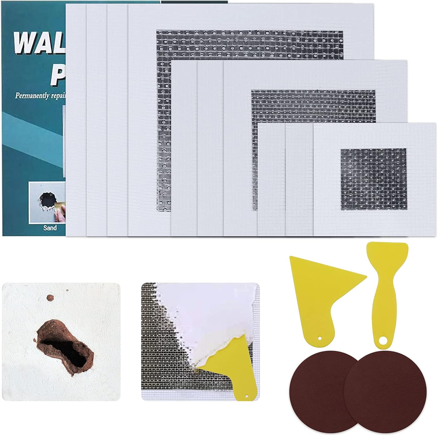 Drywall Repair Kit, Drywall Patch 10Pcs Customized Cuttable Wall Patch Repair Kit with Complete Tools Self-Adhesive Aluminum Fiber Mesh Over Galvanized Plate for Dry Wall (6pcs 6"+3pcs 2"+3pcs 4") - - 