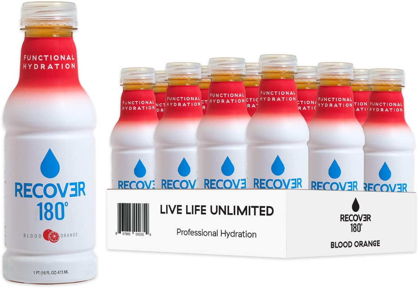 RECOVER 180 Hydration Drink for Functional Performance, Sports and Everyday Beverage, 3X More Electrolytes, 16 Ounce (12 Pack, Blood Orange)