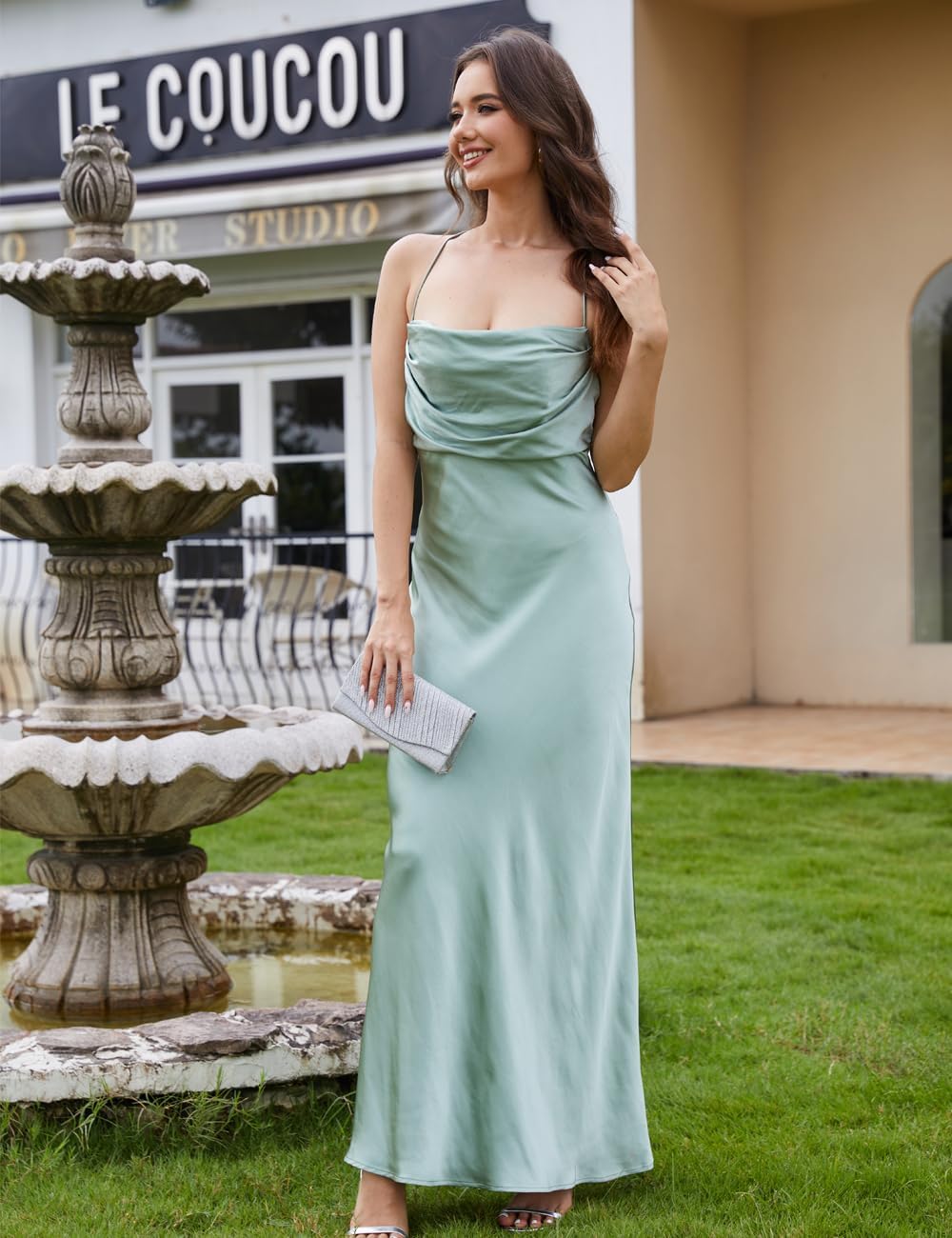 Satin Tie Back Maxi Dresses for Women 2025 Cowl Neck Spaghetti Strap Ruched Backless Bridesmaid Wedding Guest Dress - Image 4