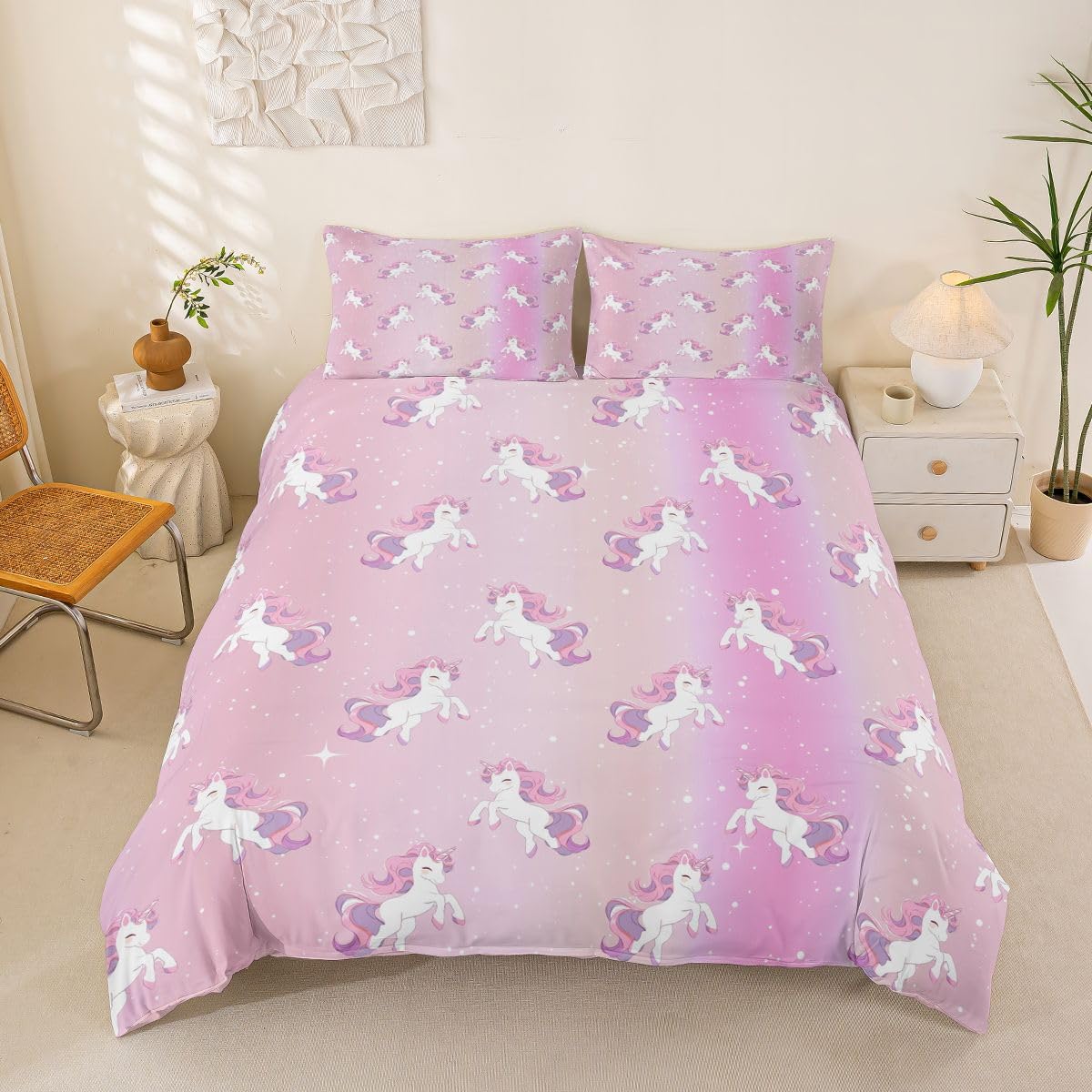 Housse de couette 220x240 licorne rose lit 2 personnes avec zip