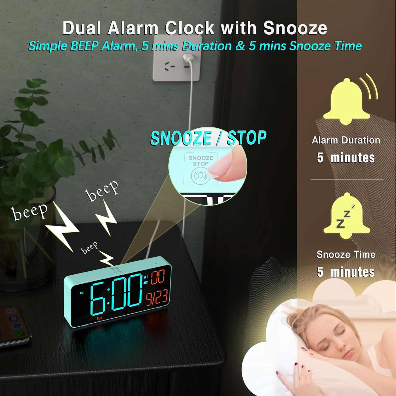 KOSUMOSU Digital Alarm Clock showing snooze function