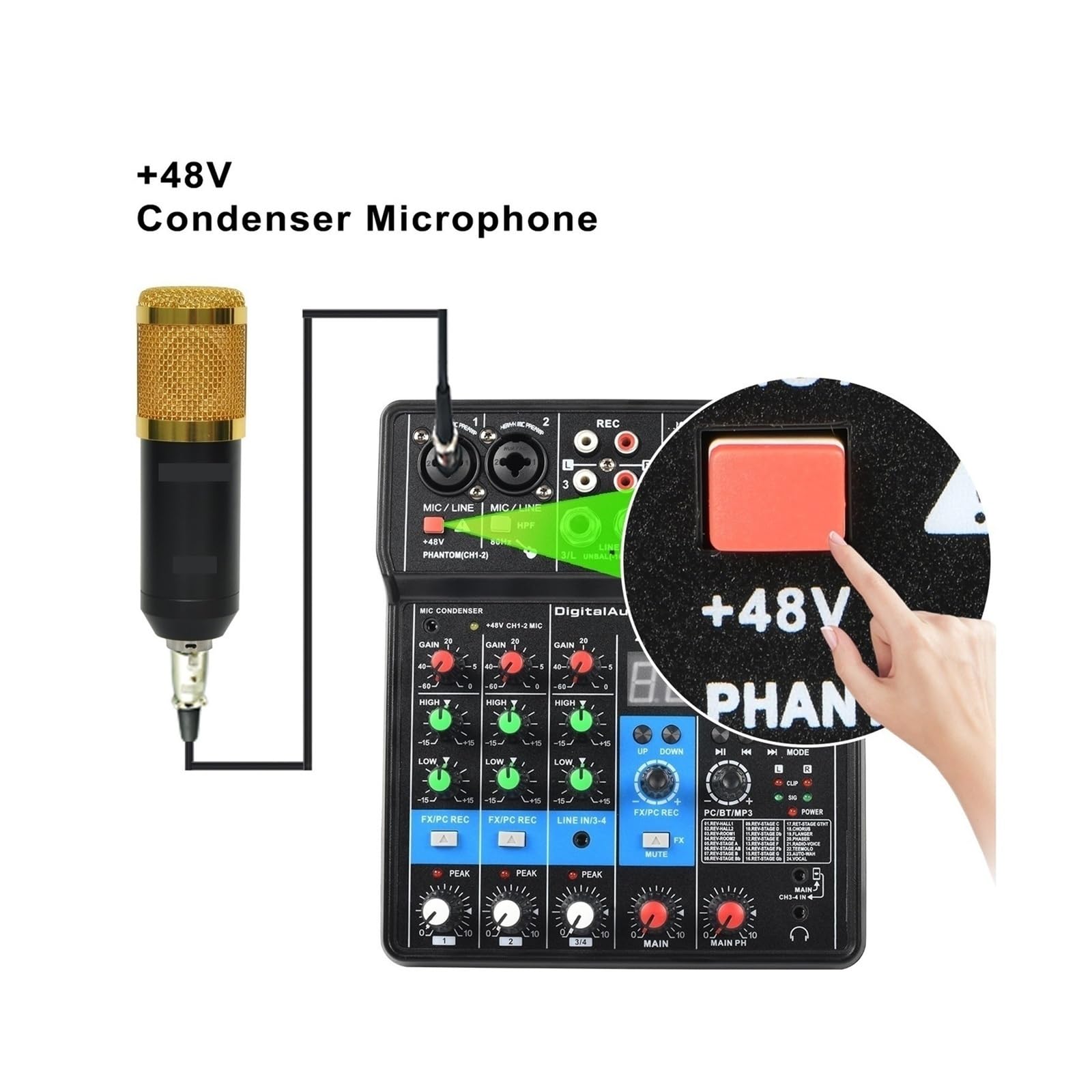 Mezclador de audio, Consola mezcladora de sonido portátil profesional 4 canales Entrada computadora Alimentación 48 V Número modelo Certificación Interfaz Para karaoke en estudio