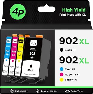 902XL 902 XL High-Yield Ink Cartridges, Replacement for902 902 XL Ink Cartridges Combo Pack (4 Pack), Upgraded Chip, for Officejet Pro 6978 6960 6962 6968 6970 6954 6958 6950 6951 Printer