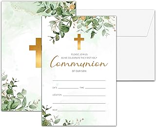 Eucalyptus Baptism Invitations, Gold Foil First Holy Communion Religious Party Invitation, Christening Naming Ceremony, 25 Invitation Cards With 25 Envelopes(C01)