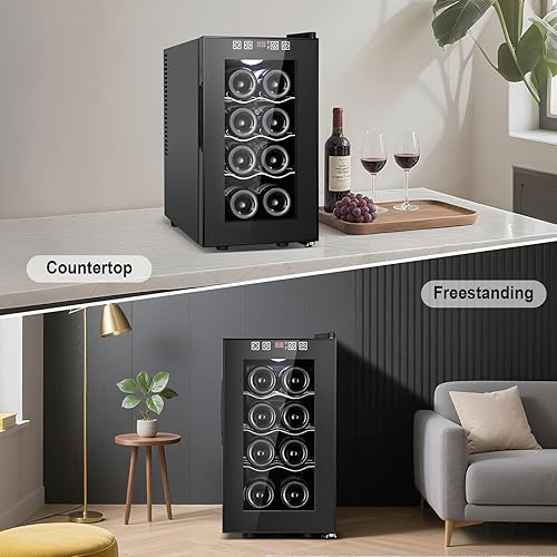 Miniatura 8 de Tylza Refrigerador de vino de 8 botellas, bodega con puerta de vidrio templado de baja emisión, pantalla táctil LED, cerradura, sin escarcha, sin