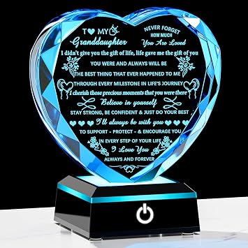 Arikyrist Granddaughter Gifts with Colorful LED Base Crystal Heart Birthday Gifts for Granddaughter from Grandparents Meaningful to My Granddaughter Gift for Christmas Wedding Day Graduation