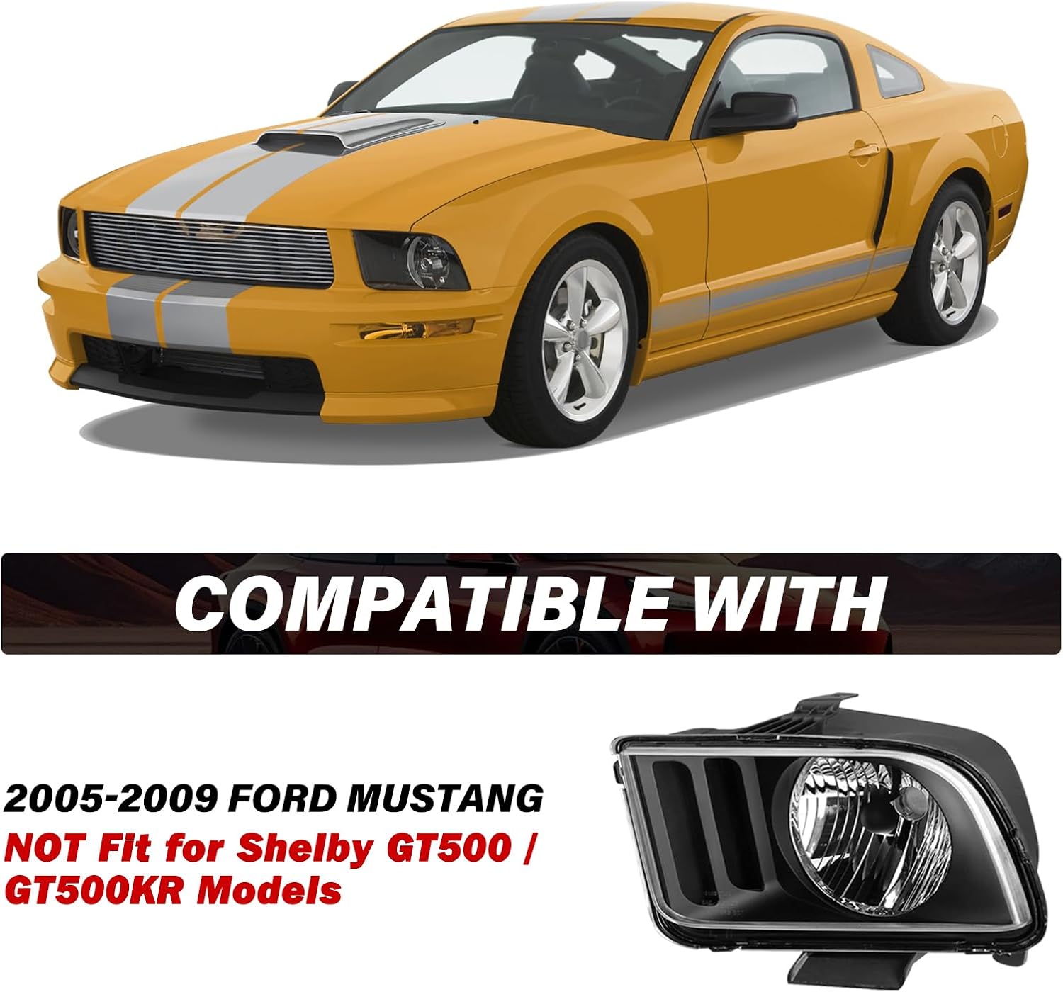 BRYGHT Headlight Assembly [Bulbs Included] Fit for 2005 to 2009 Ford Mustang Left and Right Side (Black Housing with Clear Reflector)