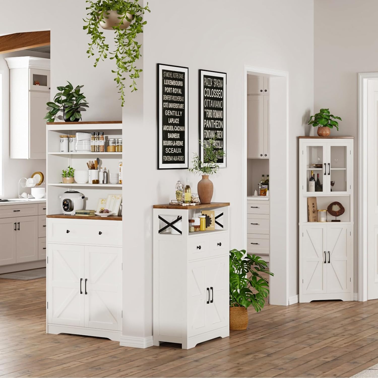 Farmhouse Storage Cabinet with Barn Doors and Shelves, Farmhouse Kitchen Pantry, Small Tall Coffee Bar Cabinet with Storage, Hutch Cupboard for Bathroom, Laundry, Living Room,White
