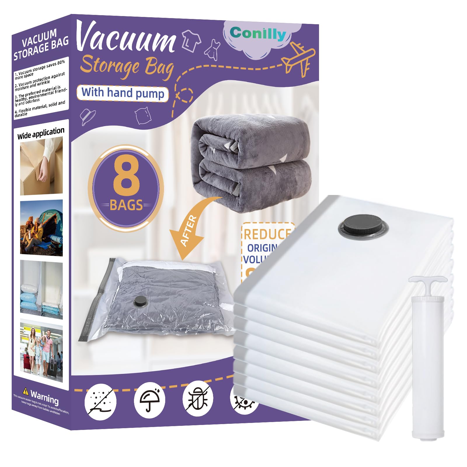 Sacchetti Sottovuoto Vestiti 8 Pezzi (2 Jumbo, 2 Grandi, 2 Medie, 2 Piccoli) 80% Più Salvaspazio per Trapunte, Vestiti, Coperte Con Pompa A Mano Da Viaggio e Da Casa