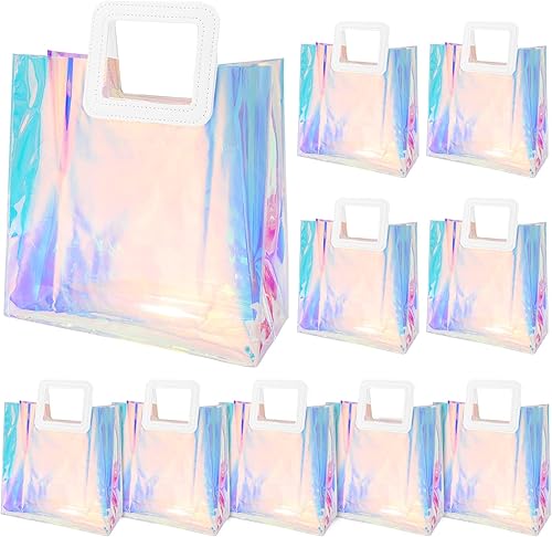 Miniatura 8 de Whaline 5 bolsas de regalo holográficas grandes de 12.8 x 11.6 x 5.7 pulgadas, iridiscentes, transparentes, reutilizables, de PVC, bolsas de compras