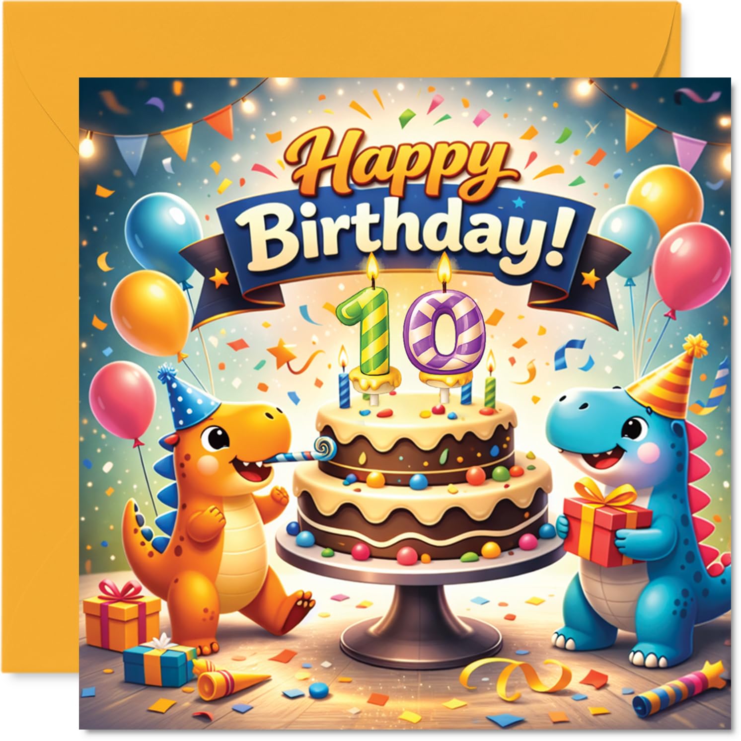 Playful 10th Birthday Card - Dino-fuelled Birthday Laughs - Two Cheery Dinosaurs Partying with Cake and Balloons - 145mm Square, Envelope Included
