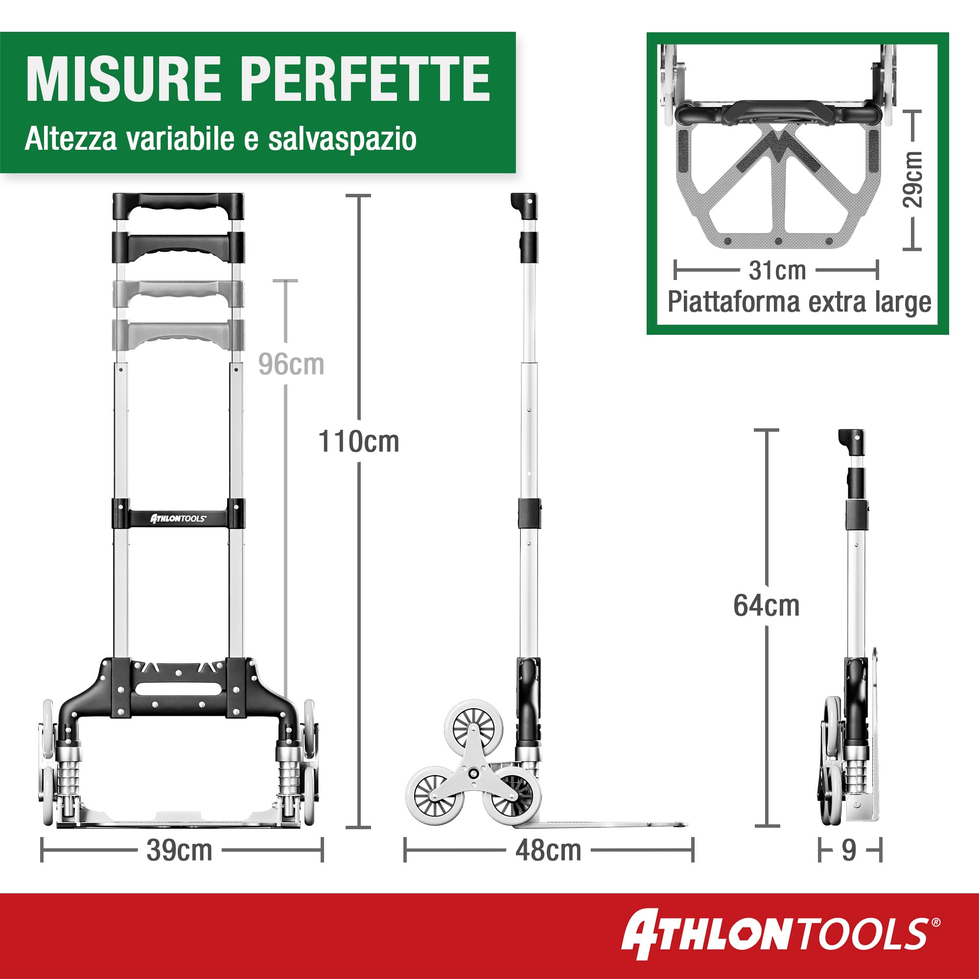 ATHLON TOOLS Carrello pieghevole in alluminio CLASSIC TÜV GS-certificato - superficie di carico con cuscinetti antiscivolo - Ruote con battistrada soft - incl. 2 corde elastiche - modello 2024