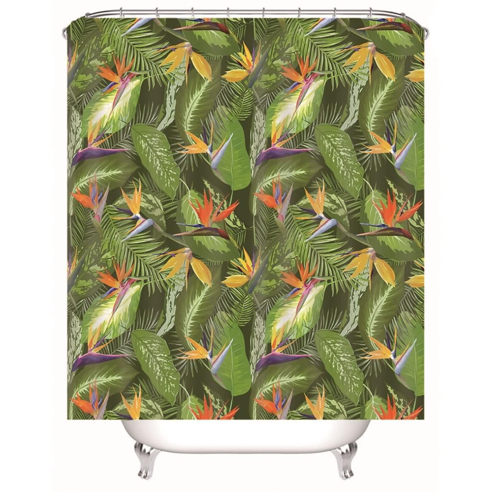 Rideau de douche textile lavable imperméable vert motifs feuilles avec anneaux
