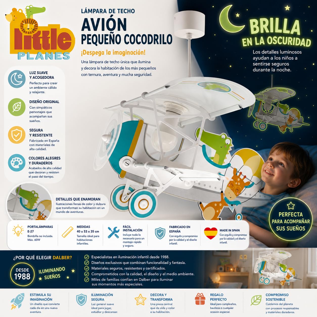 Dalber Lámpara Techo Colgante Infantil Avión Cocodrilo Blanco 54542 E27 | E27 - 15W; Habitación niños; lámparas infantiles; brilla en la oscuridad;