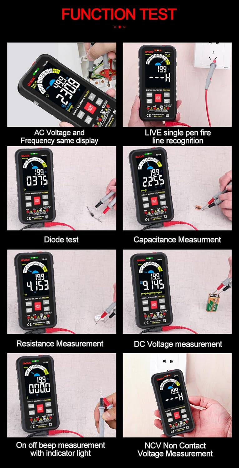 Multiple images showing GVDA GD128 Multimeter performing various tests like AC voltage, diode, capacitance, resistance, DC voltage, continuity, and NCV