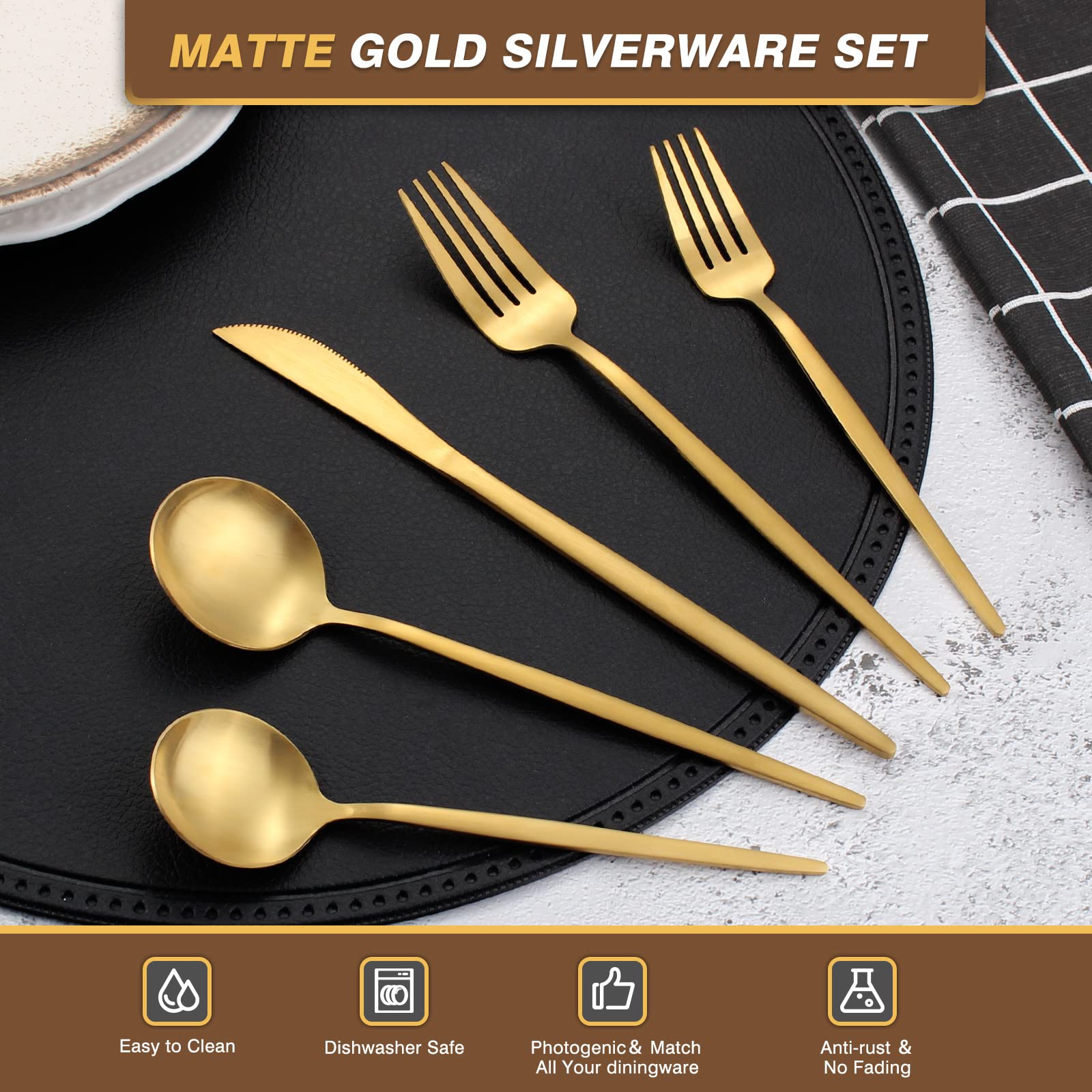 40-teiliges Besteckset aus mattem Edelstahl für 8, Küchenhelfer-Set mit geflecktem Finish, inklusive Messer, Gabeln und Löffel, spülmaschinengeeignetes Besteck