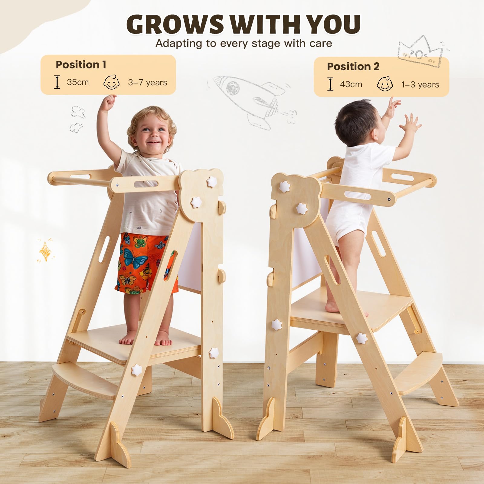 labebe Klappbar Lernturm für Kinder, Montessori Learning Tower mit Zweiseitige Tafel, 3 in 1 Einstellbare Höhe und Breite Lerntower, Multifunktion Lernturm ab 1 Jahr für Küche（Holz）