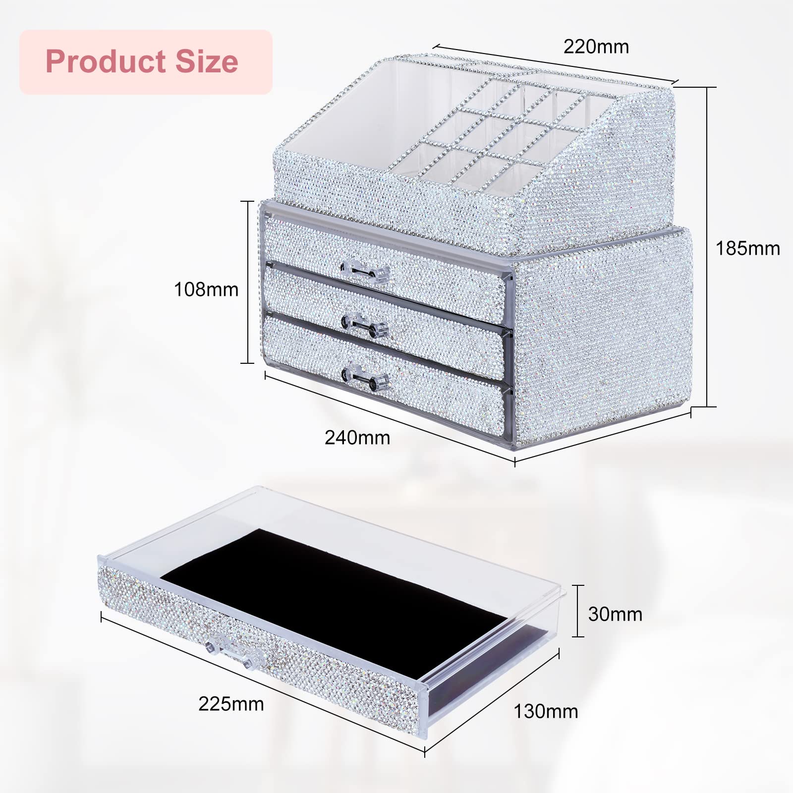 Make-up-Organizer, Schmuck, Kosmetik-Aufbewahrungsboxen, Make-up-Pinselhalter, Kosmetikhalter, glitzernde Diamant-Arbeitsplatte, Schmuckkoffer für Frauen, Mädchen (Neuweiß)
