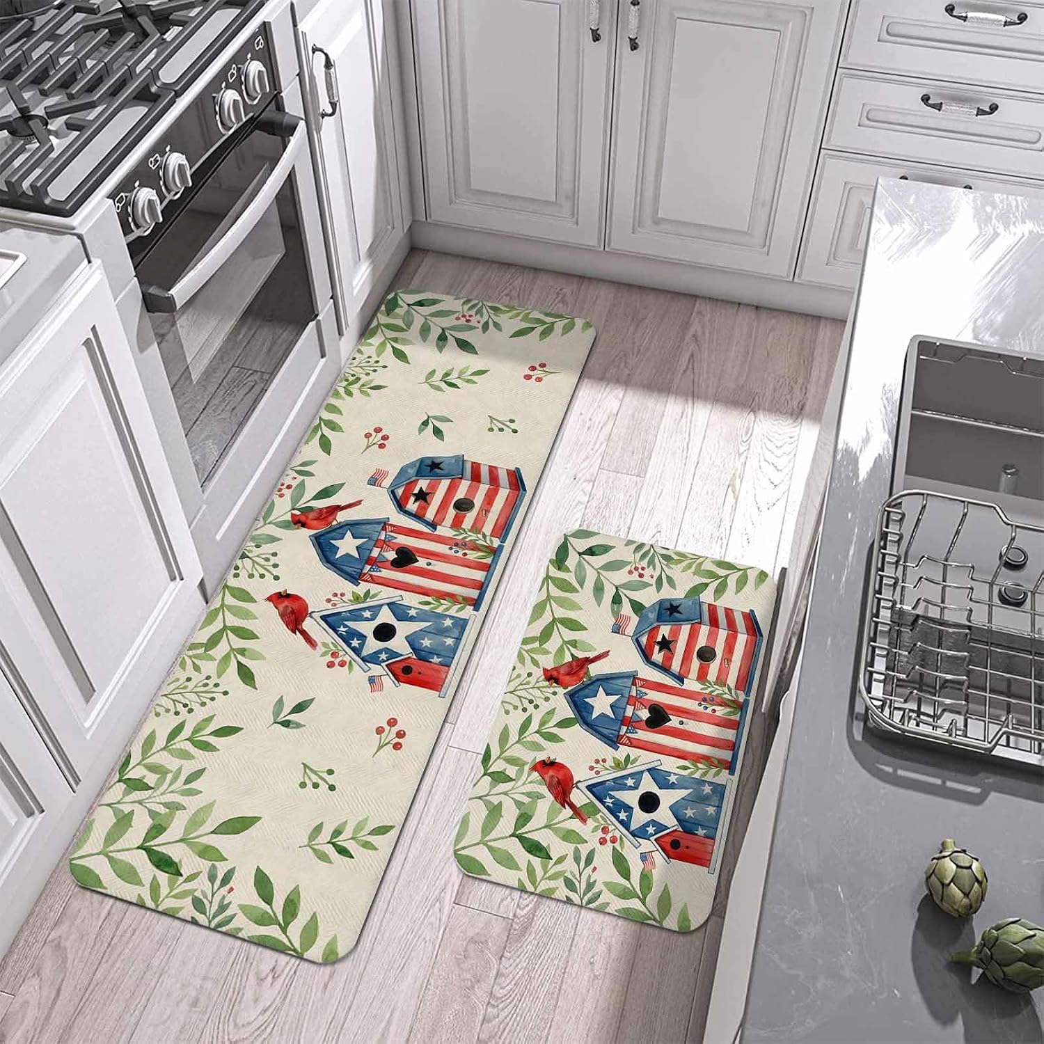 Independence Day Kitchen Mat Set 2 Pieces Watercolor Cardinal Bird Birdhouses Leaf Linen Texture Non Slip Kitchen Rugs Washable Runner Rug Mats for Sink Laundry (19.7" x 31.5"+19.7" x 63")
