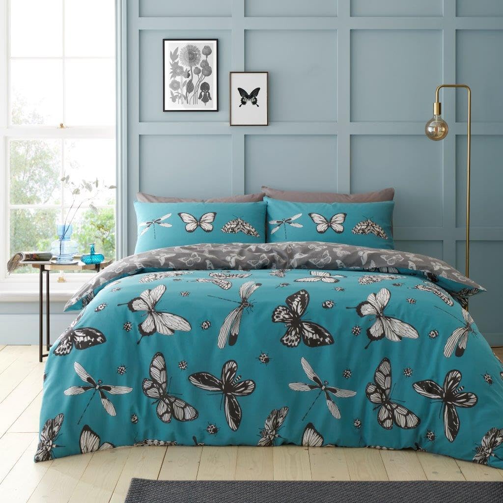 Lions Girls Butterfly-Teal Butterfly Bedding - Printed Double Bed Duvet Cover Set With Matching Pillowcase, Reversible Quilt Covers, Poly Cotton, Easy Care, Teal Charcoal, 200X200cm