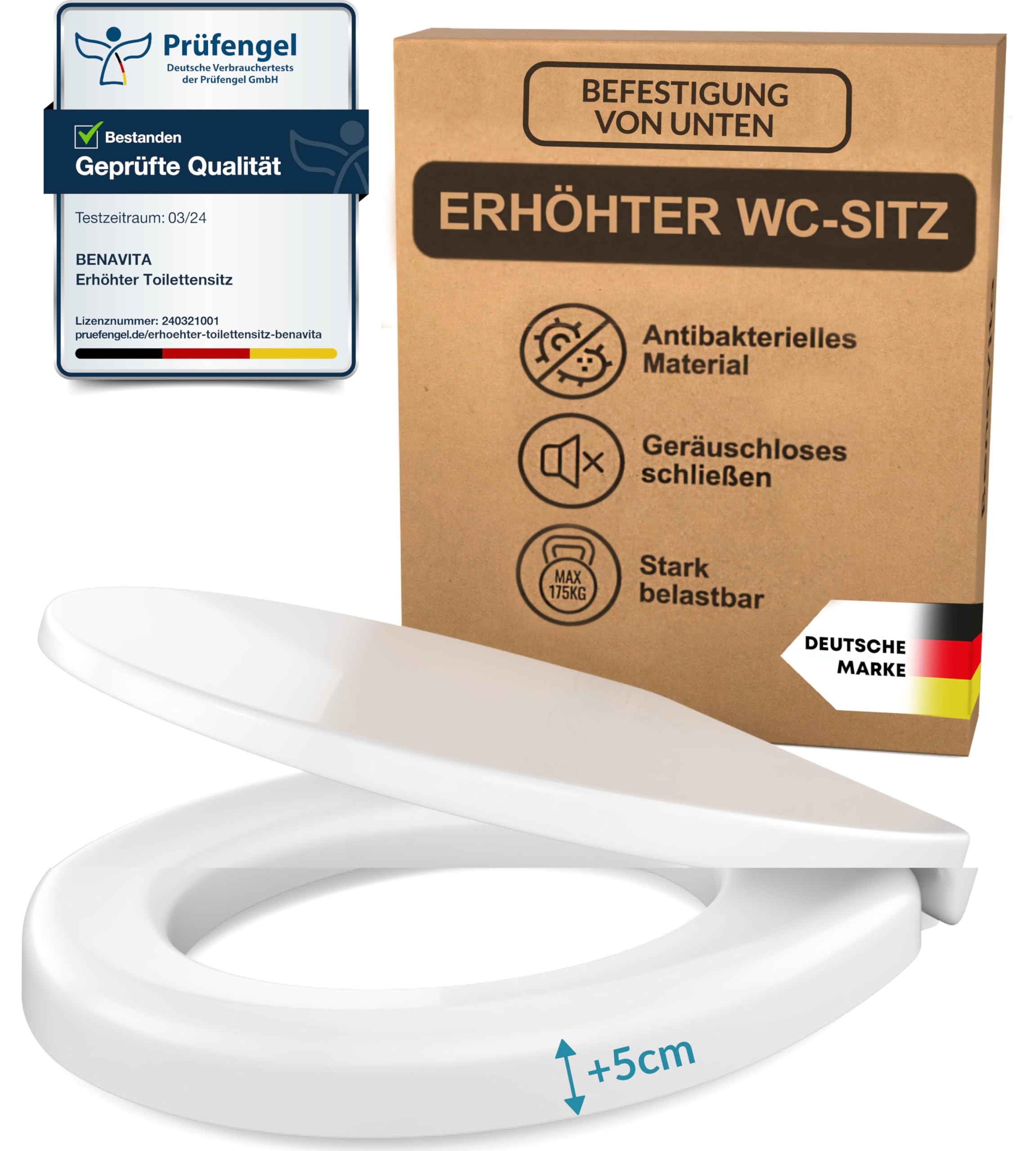 BenaVita Premium WC Sitzerhöhung 5 cm aus Duroplast - Erhöhter Toilettensitz für bequemes Sitzen inkl. Absenkautomatik - Belastbar bis 175 kg (Befestigung von Unten)