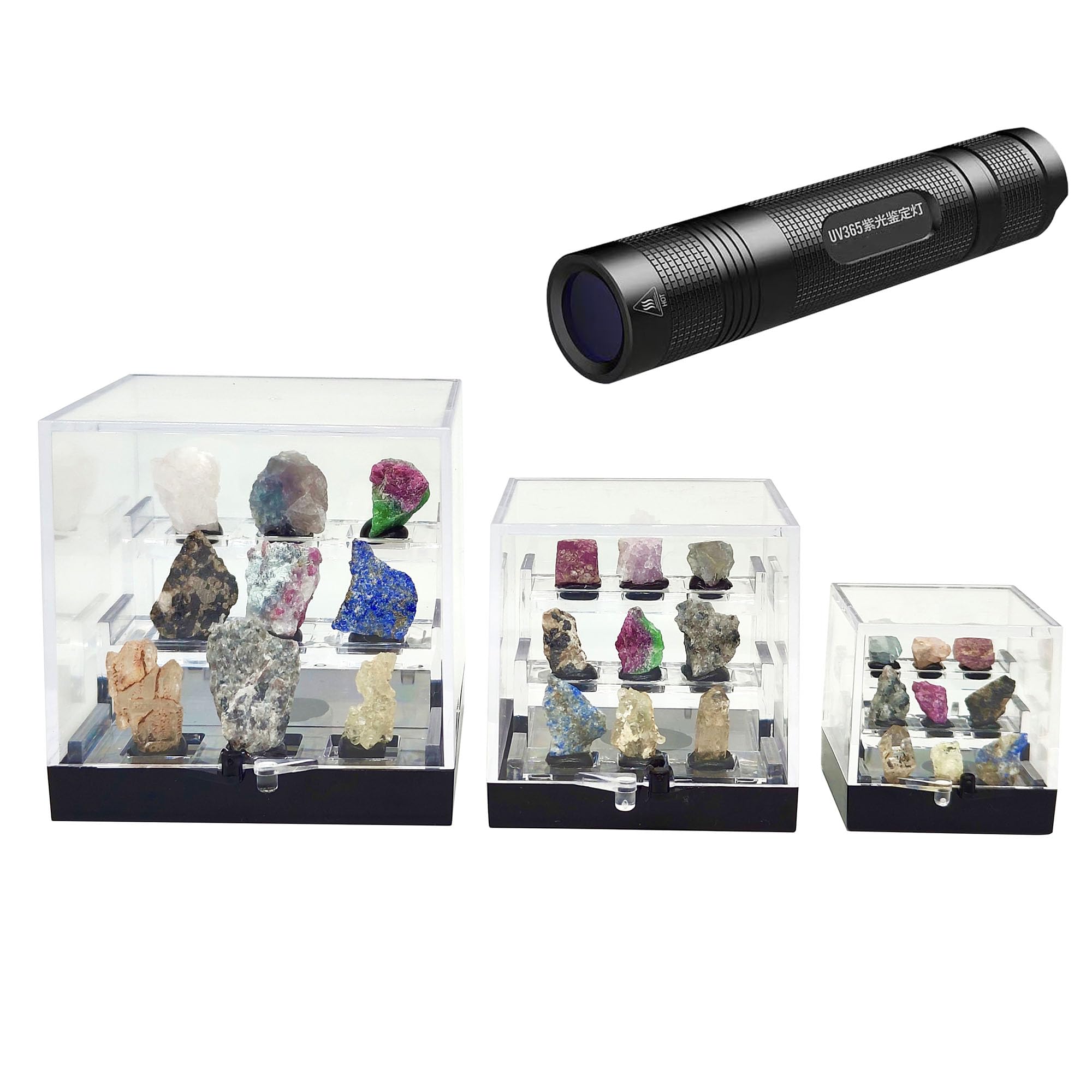 Set de especímenes minerales naturalmente Fluorescentes con luz UV365 – 9 Piedras Raras Que Brillan bajo luz UV – Muestras minerales Reales – Colección educativa y Decorativa (M)