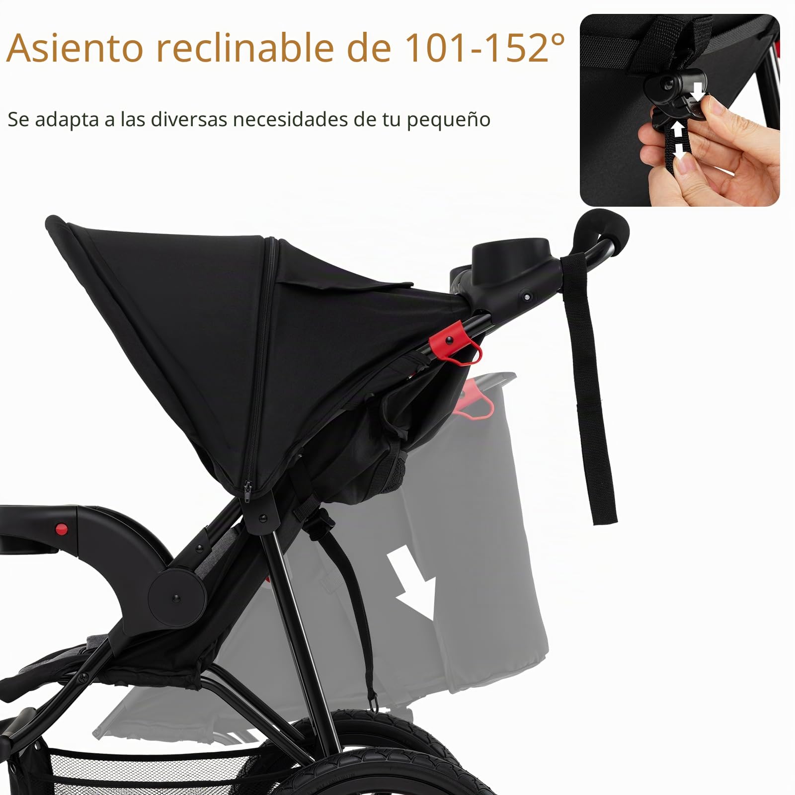 LIFEZEAL Cochecito Plegable con 3 Ruedas, Parasol Ajustable, Arnés de 5 Puntos, Bandeja Extraíble, Soporte para Bebidas, Hasta 22 kg, Color Negro