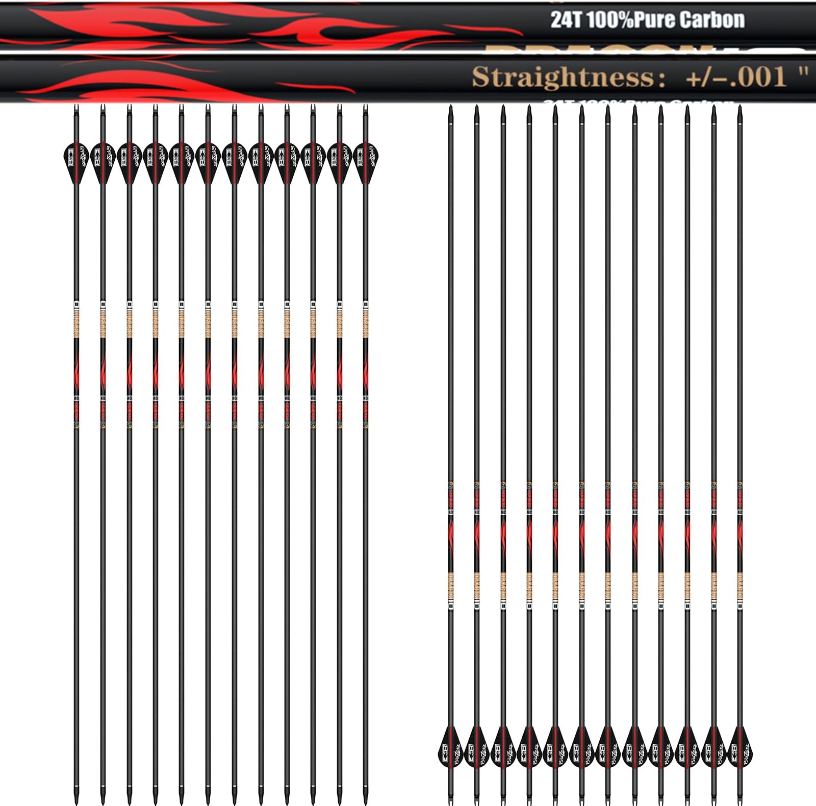 100% Pure Carbon Hunting Arrows, Olympic-Grade 10 Spines Deflection (Unique), 0.001"/0.003"/0.006" Straightness, Buy 12 Get 12 Free/Buy 6 Get 6 Free, for Compound & Recurve Bows (12/24PCS)