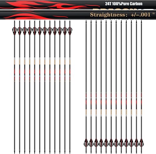 sanlida 100% Pure Carbon Hunting Arrows, Olympic-Grade 10 Spines Deflection (Unique), 0.001"/0.003"/0.006" Straightness, Buy 12 Get 12 Free/Buy 6 Get 6 Free, for Compound & Recurve Bows (12/24PCS)