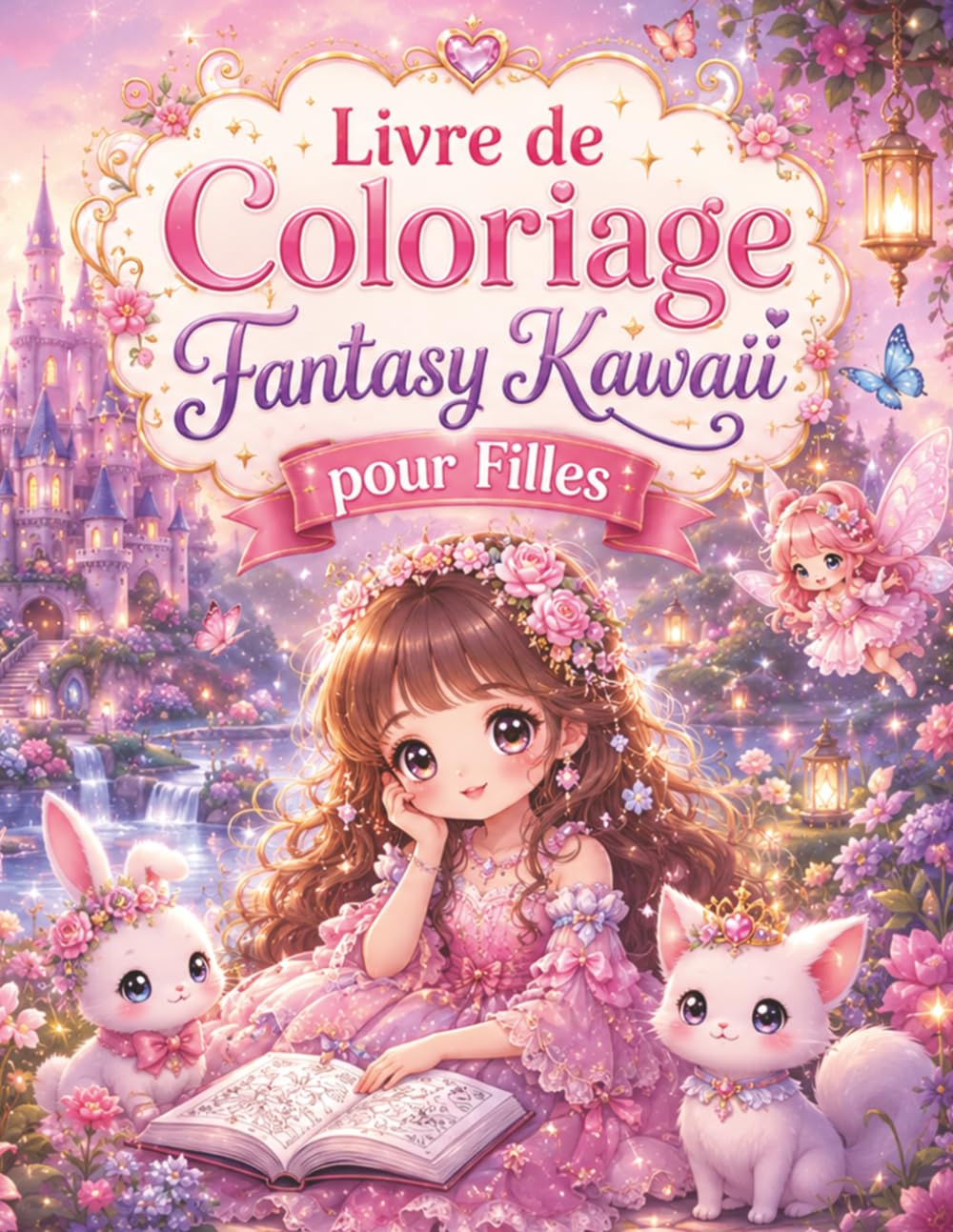 Livre de Coloriage Fantasy Kawaii pour Filles: Royaumes enchantés, petites fées et aventures merveilleuses – 50 scènes créatives pour rêver en couleurs