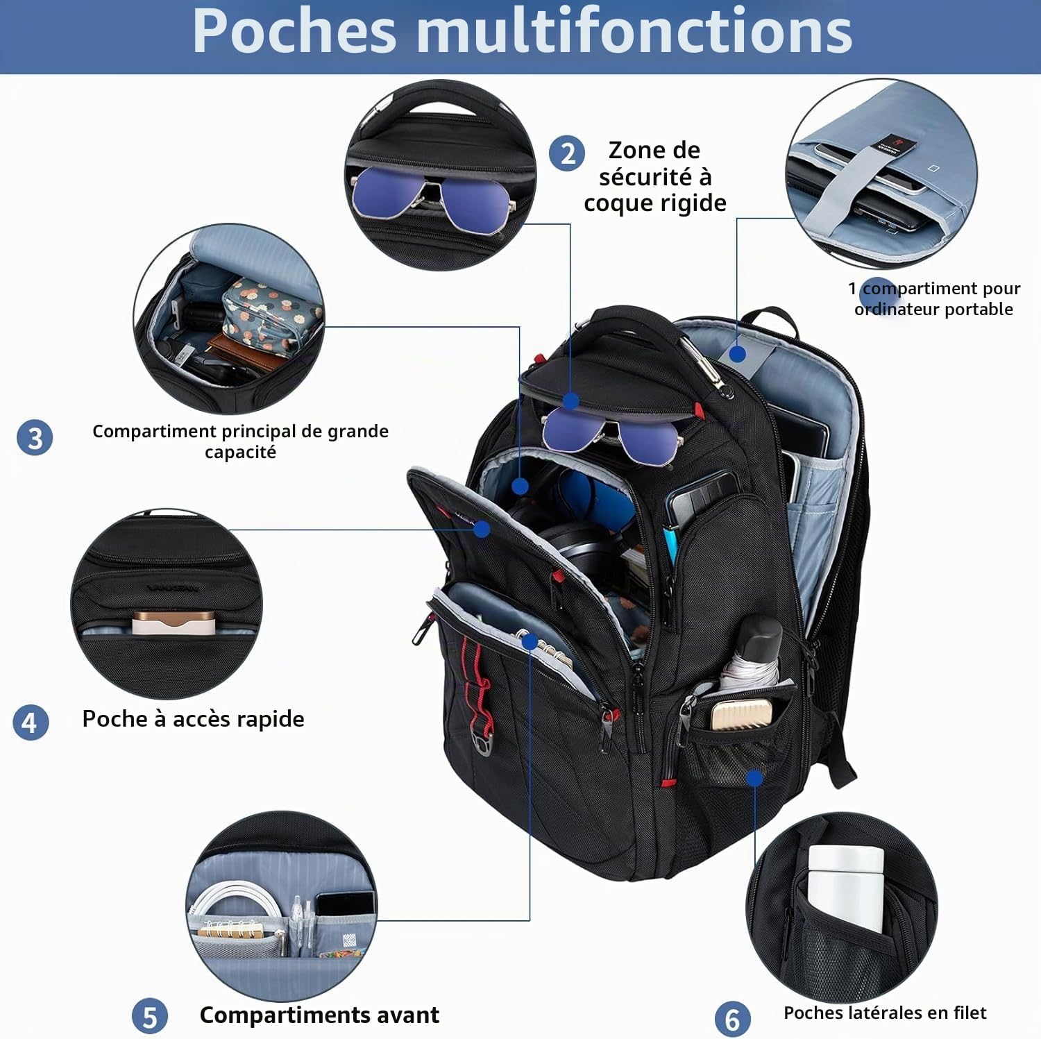 VANKEAN Sac à dos de Voyage pour Ordinateur Portable 17,3" Compatible TSA | résistant à l'eau, antivol XL avec poches RFID, sac à dos universitaire avec port USB pour homme et femme, sac de travail