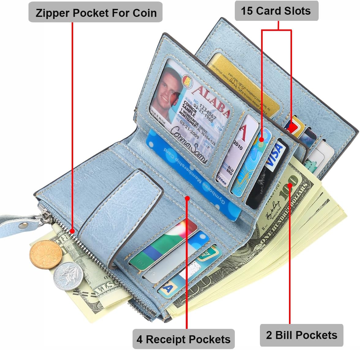 Lavemi Small Compact Women Wallet RFID Blocking Genuine Leather Bifold Purse with ID Windows(Light Blue) - Image 4