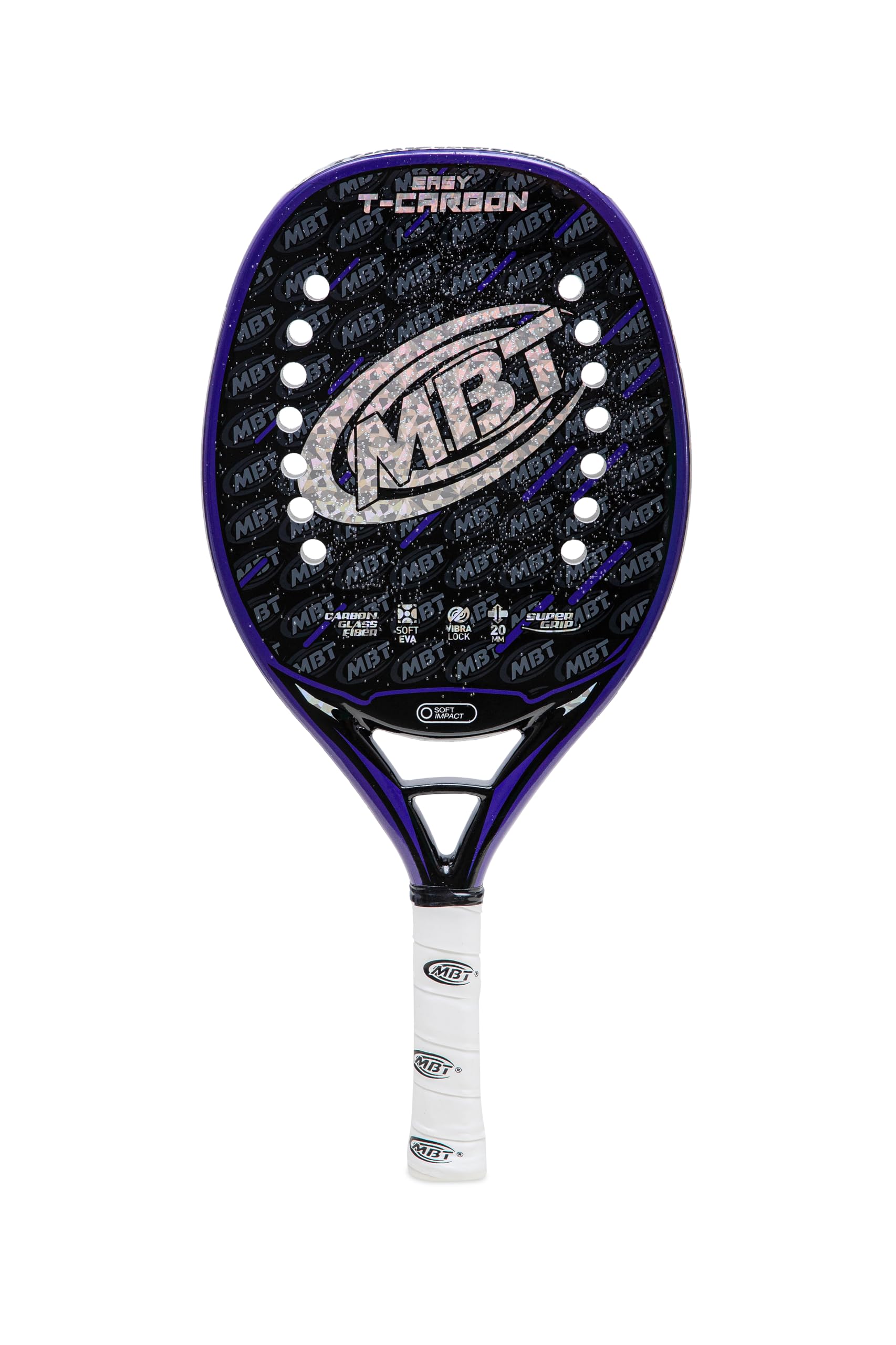 MBT EASY T-CARBON, Racchetta Beach Tennis Carbonio e Fibra di Vetro - Superficie ruvida con Super Grip - Eva Soft – Leggera e Bilanciata – Profilo 20 mm - Custodia inclusa