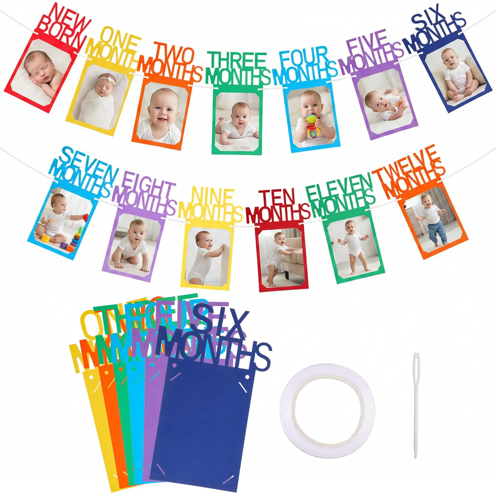 QFGasre 1st Birthday Photo Banners from Newborn to 12 Months One Year Photo Banners with Frame Monthly Milestones Garland First Birthday Party Decoration Rainbow Colorful Party Hanging Supplies
