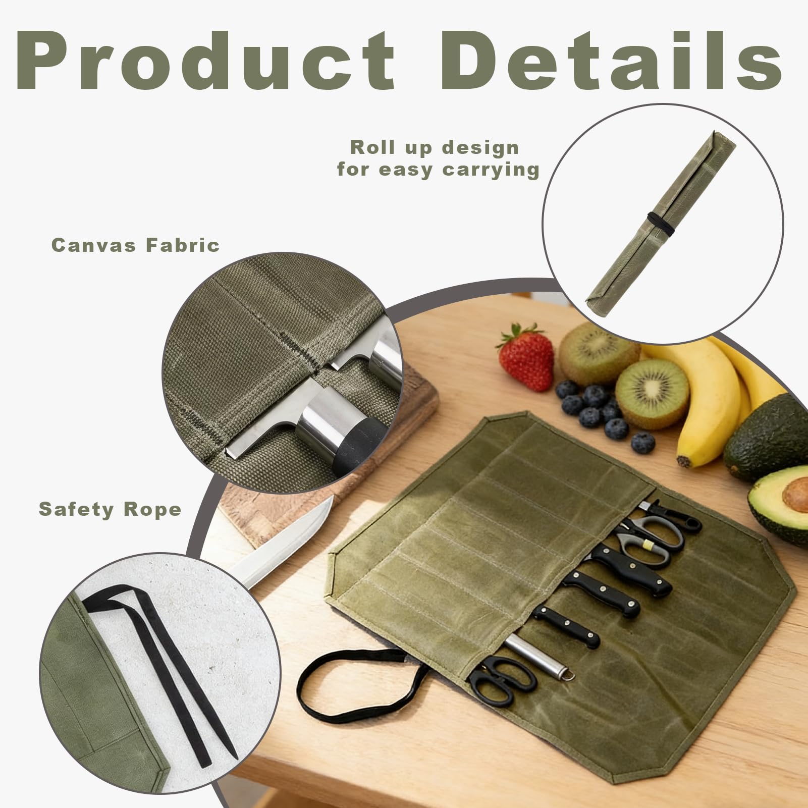 Messertasche,Rolltasche für Kochmesser,Koch Messer Roll Bag,Messertasche Kochmesser mit 7 Fächern fürMesser und Löffel,wasserfeste langlebigeMesser-Rolltasche für Camping Wandern