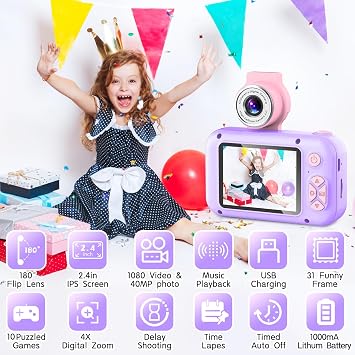 ARNSSIEN Kids Camera for 3-12 Year Old Boys/Girls with 180° Flip Lens, 2.4 Kids Selfie Digital Camera for Toddler with Video, Christmas Birthday Festival Presents for Kids,X101