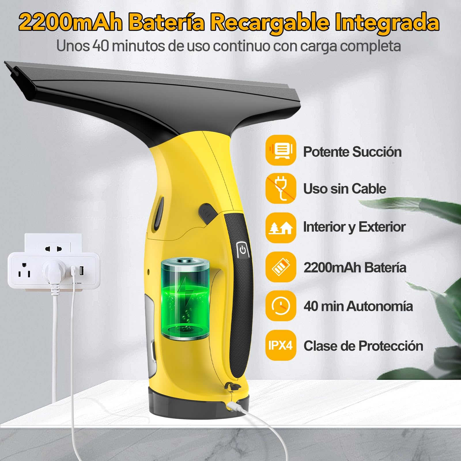 Limpiacristales eléctrico para Ventanas, Limpiadora de Cristales, Aspirador de Ventanas Recargable, con Cuchillas de limpiaparabrisas de 28 cm y 17 cm para Limpiar Ventanas