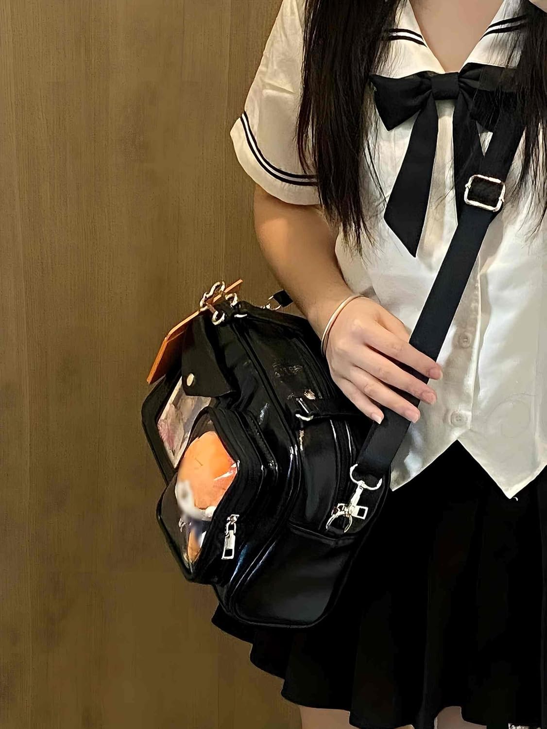 ita black japanese shoulder bag, pin display kawaii y2k crossbody bag for women, cute anime going out purse with multi pockets
