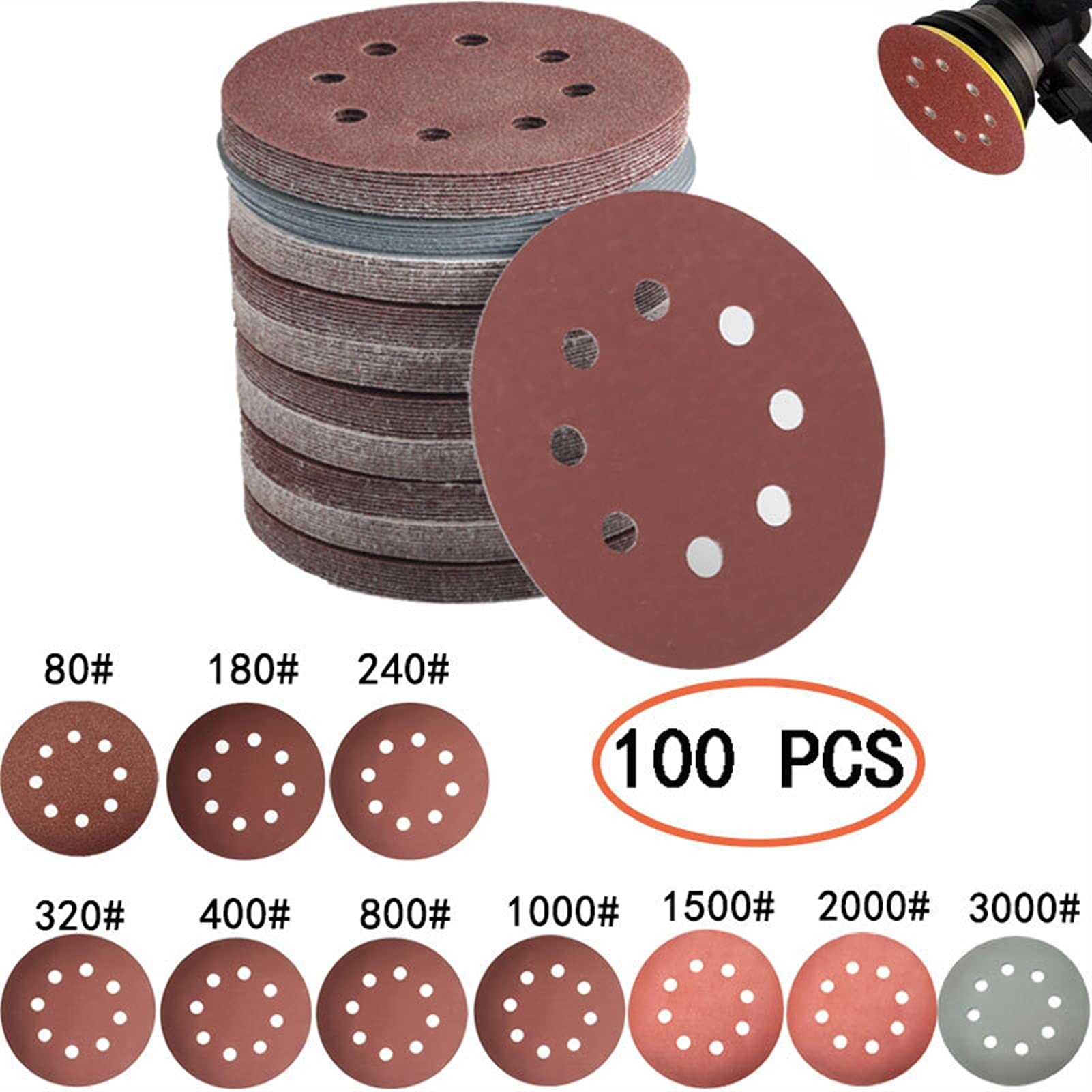 Disco de Lija 50 unids o 100 unids de 125 mm Discos de Lijado de Forma Redonda Papel de Lija Ocho Orificio Hojas de Arena Grit 80 a 3000 Hook and Loop Sanding Disc(100 PCS)