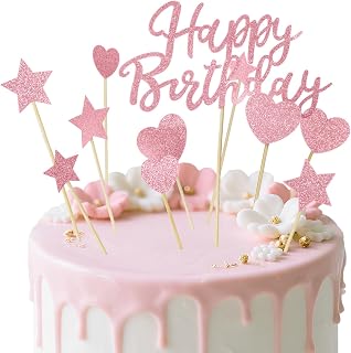 Birthday Cake Topper Pink Glitter Letters with 5 PCS Stars & Love Heart | Birthday Cake Decorations Supplies Cake Topper Decor Handmade Celebrating Anniversary Theme Party, Set of 11, Silver