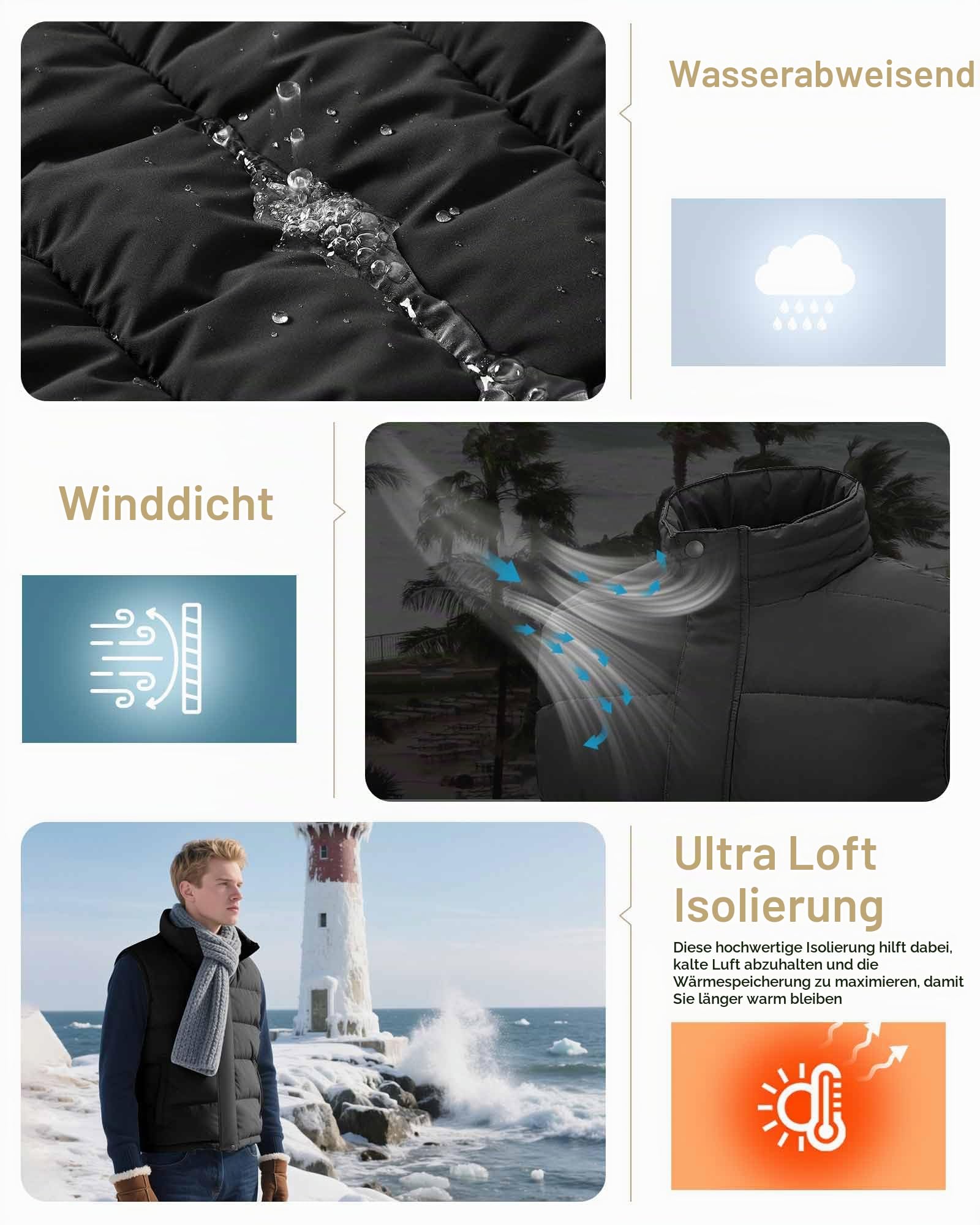 33,000ft Herren Steppweste Winterweste Warme Sportwesten für Männer Outdoor Weste Wasserbeständige Pufferweste mit 4 Taschen für Golf Wandern Reiten Freizeit