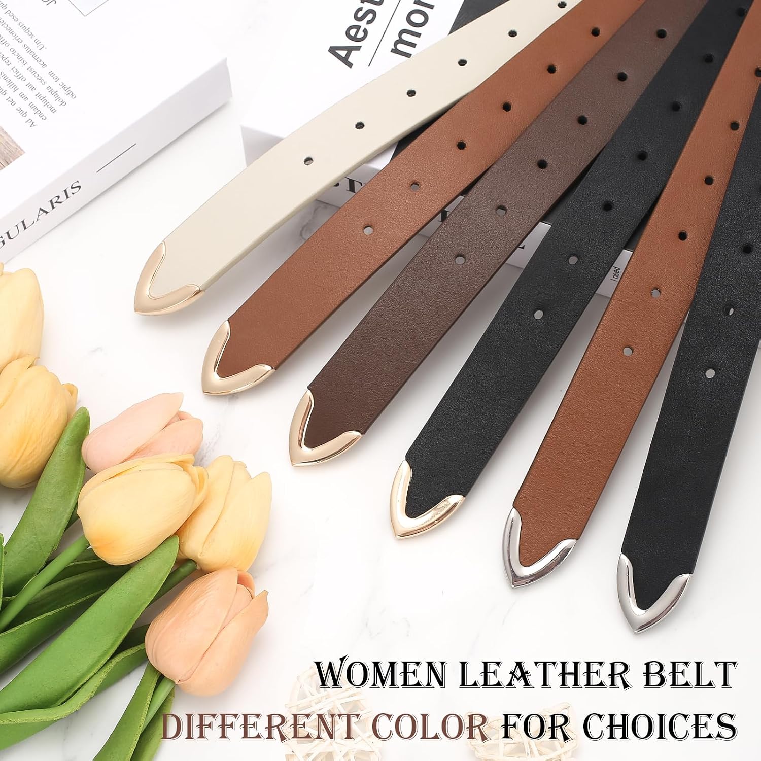 2 Pack Women's Leather Belts for Jeans Dresses Business Casual Outfits Black Leather Belt for Women with Gold Buckle