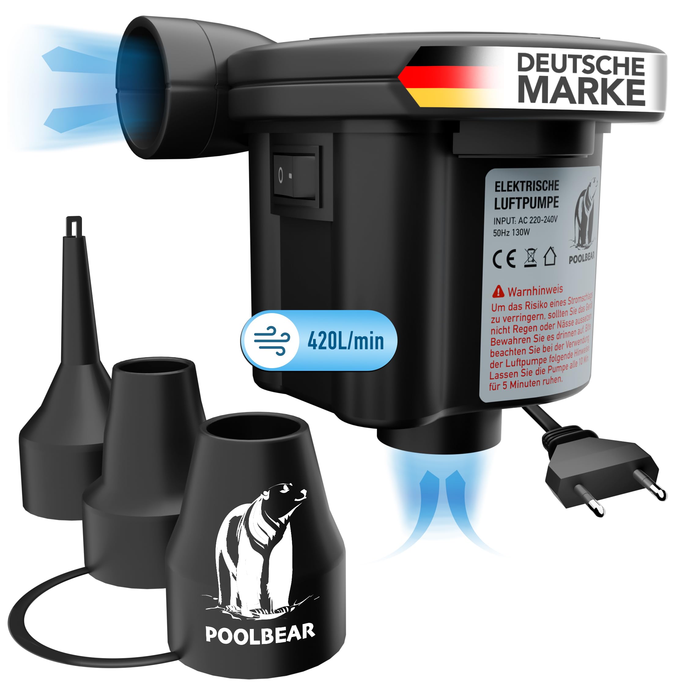 PoolBear Elektryczna Pompka Powietrza 2 w 1 12 V Do Basenu, Materaca, Pontonu i Materacy Basenowych z 3 Końcówkami
