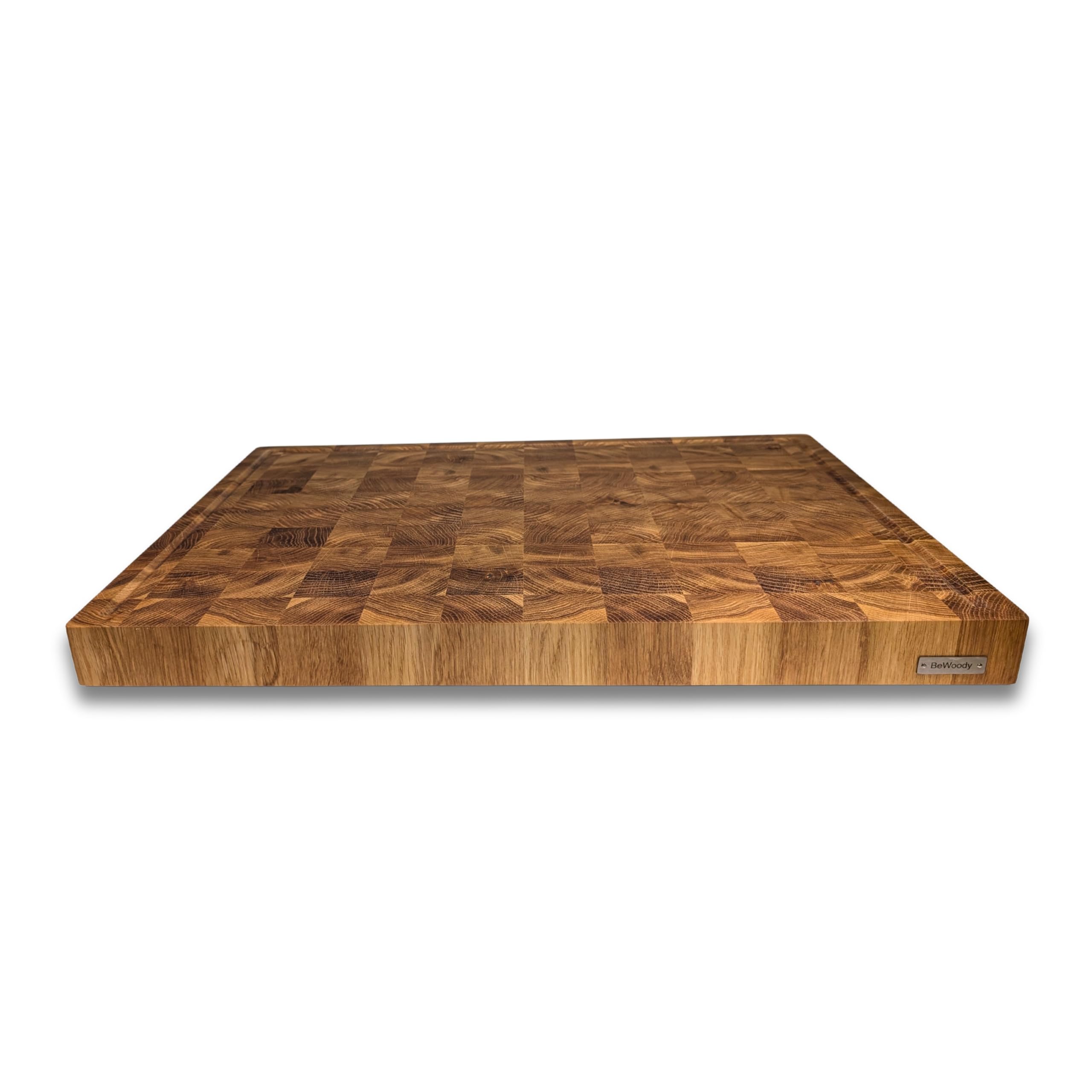 Hackblock Stirnholz XXXL Premium Schneidebrett Eiche 60x40x4,5 cm – Tranchierbrett mit Saftrillen, Rutschfeste Füße, Langlebiges Küchenbrett aus hochwertigem Eichenholz