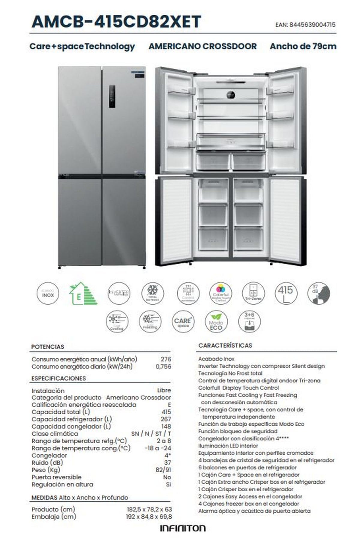 INFINITON Frigorifico Americano AMCB-415CD82XET, 415 Litros, 182 cm de Altura, Inverter Technology, No Frost Total, Fast Cooling, Fast Freezing, Tecnología Care + space, E, Inox