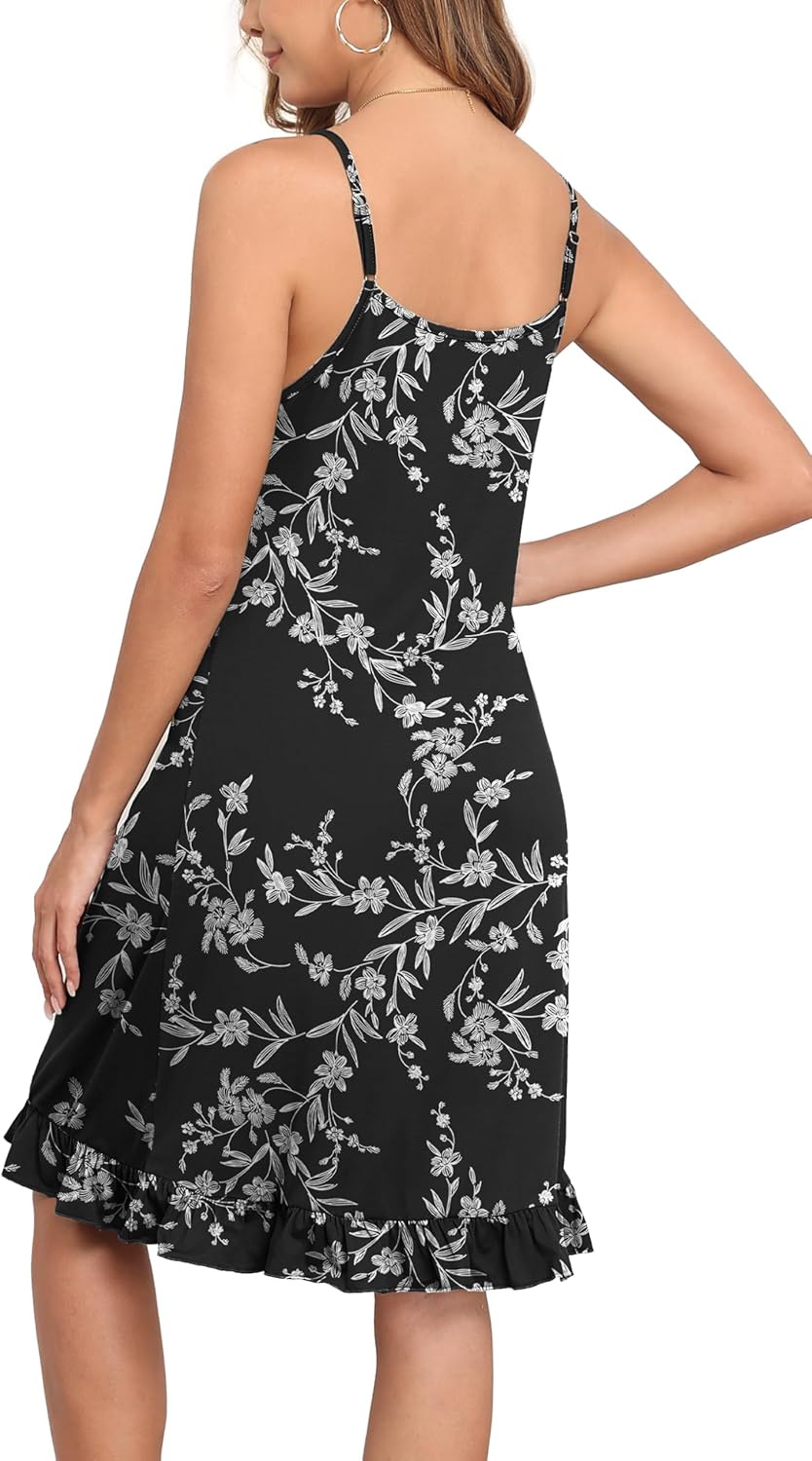 Women’s Sleeveless Scoop Neck Nightgown Soft Sleepwear Adjustable Spaghetti Strap Nightshirt with Ruffle Hem - Image 4