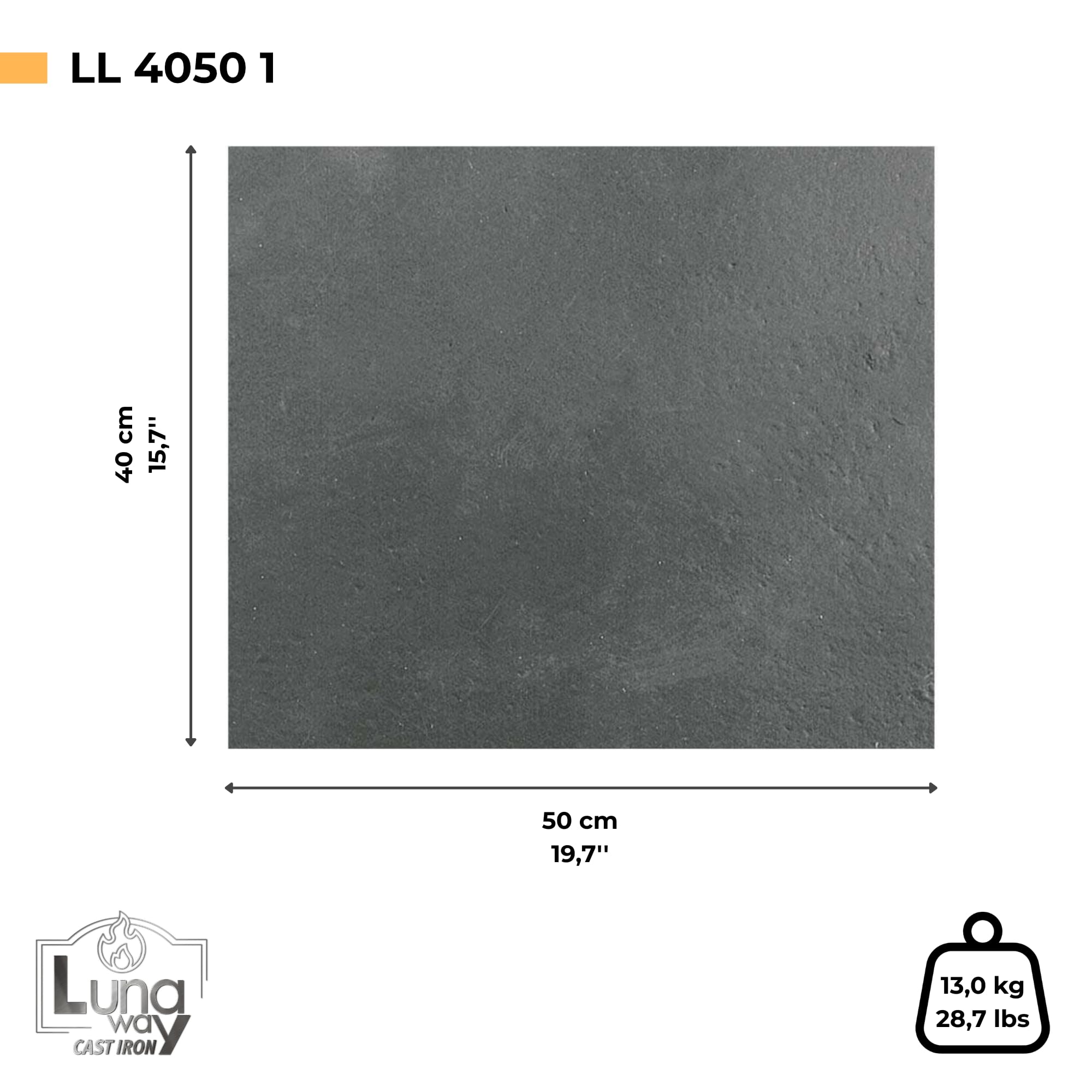 Lunaway - Gusseisenplatte für Kaminsims | 1 cm dick (40 x 50 cm) | Hitzebeständige Gusseisenplatte mit guter Wärmeleitung für Kamine, Heizkamin und Holzöfen