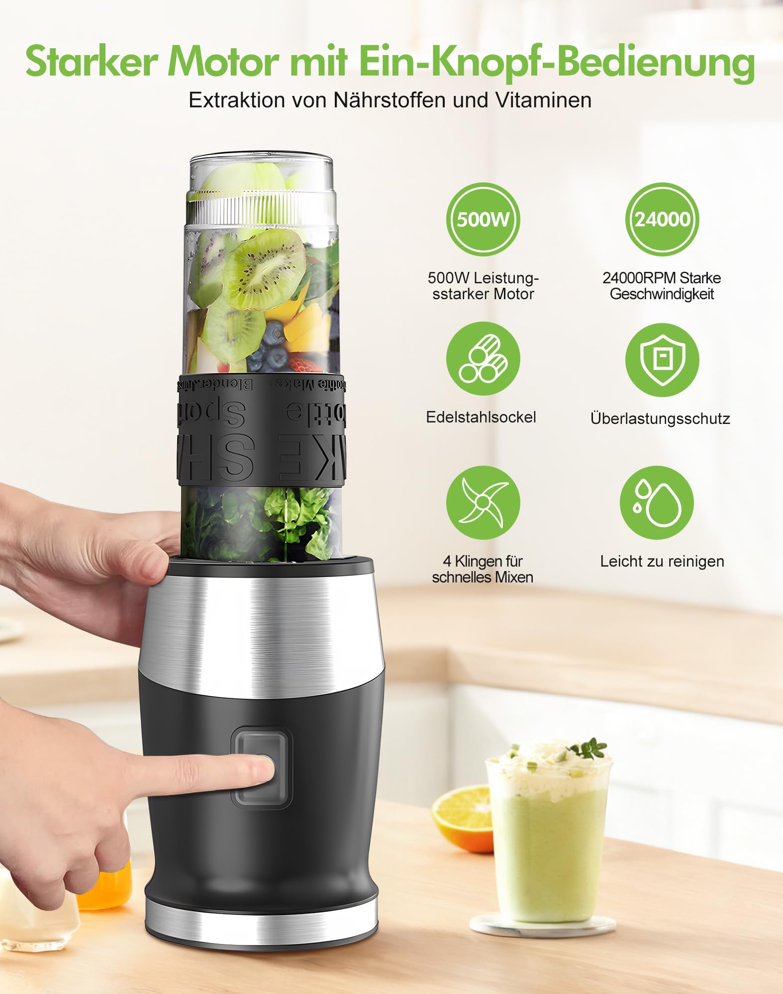 Mixer, 500W Smoothie Maker, Standmixer & Mixer Smoothie Maker mit 2x570ml Smoothie Flaschen BPA frei Tritan,Tragbarer Blender aus Edelstahl 4-Blatt für Shake und Smoothie
