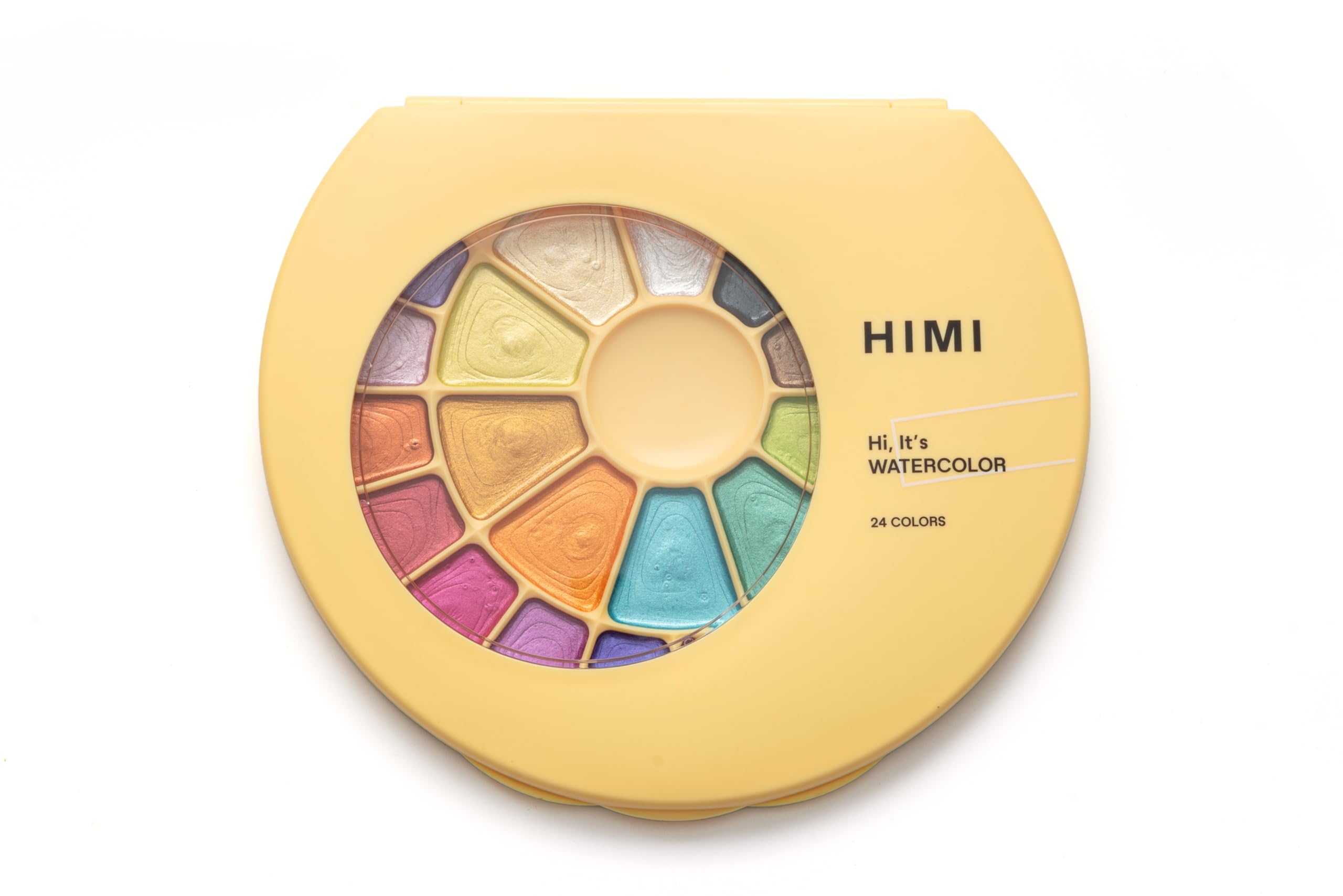 HIMI Semi-Moist Watercolour Set, 24 Colours in Pans, Brush, Yellow Case Metallic Edition, Softer Than Dry, Wake Up with Splash of Water, Easy to Mix, Paint Brush, Art Set Supplies, Gift, Beginner