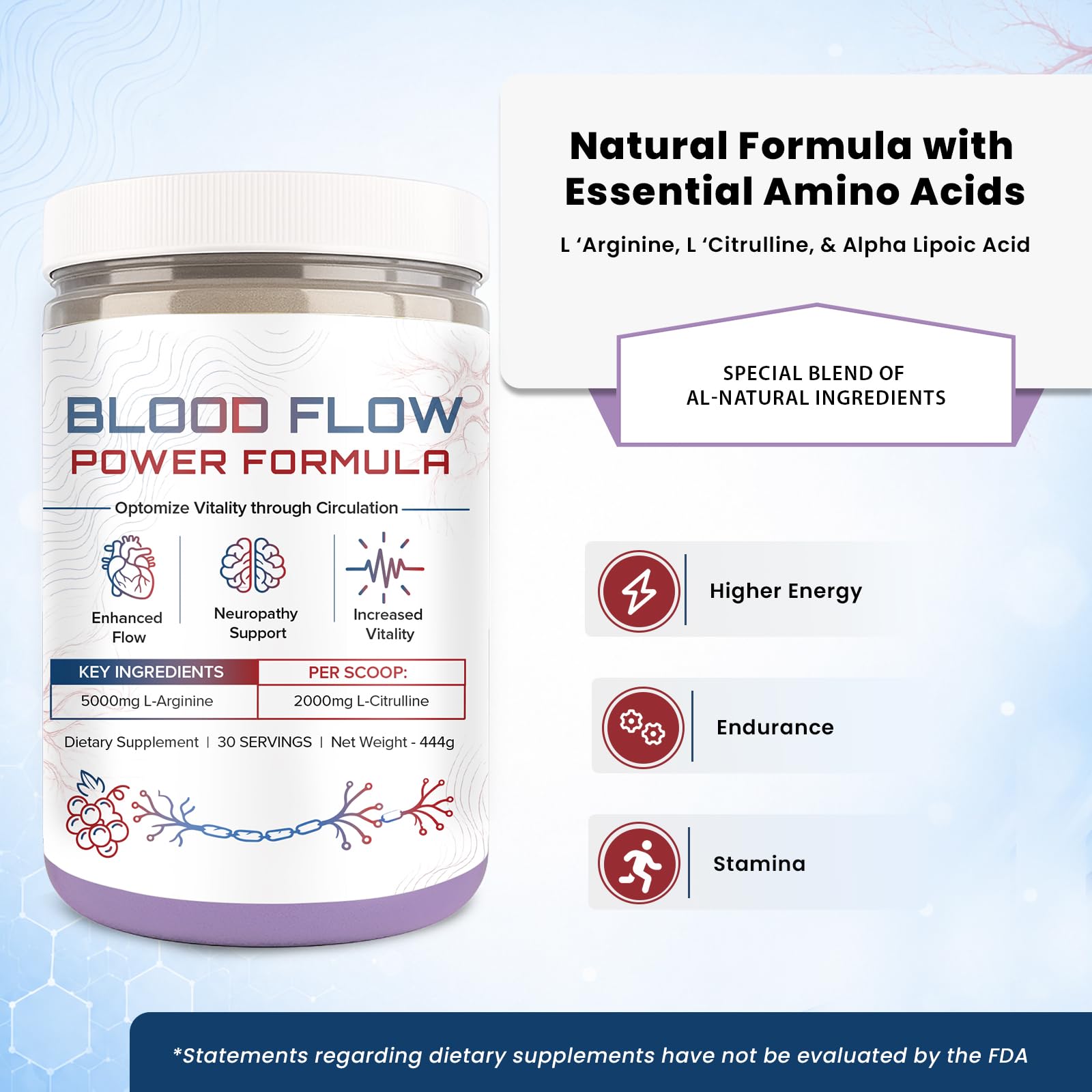 The Blood Flow Power Formula Neuropathy Drink Powder, High Concentration of L ‘Arginine and Citrulline, to Boost Circulation and Support Neurological Health – 444 Grams/30 servings — Amazon image 4